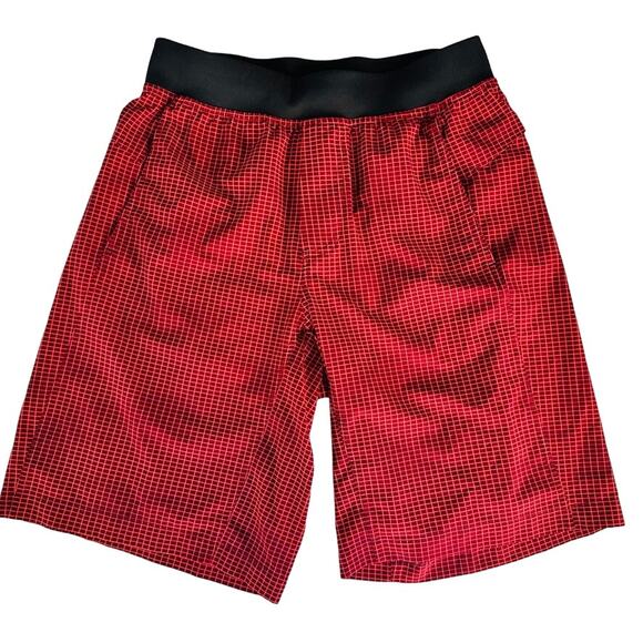 Lululemon Men's T.H.E. Shorts Red Check Size Medium Unlined 10" Inseam Run Gym - Picture 1 of 6
